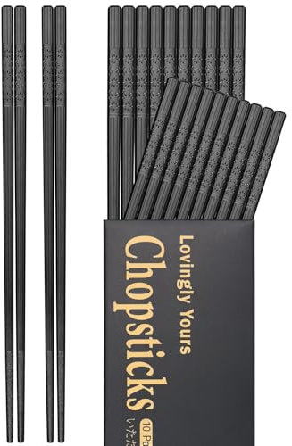 Lovingly Yours 10 Pairs Fiberglass Chopsticks Reusable, 9.5-Inch Chopsticks Dishwasher Safe, Non-Slip, Black