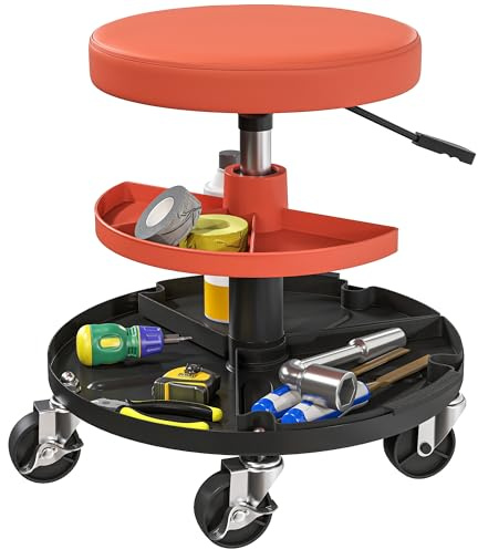 HOMCOM Taburete de taller con ruedas, taburete de mecánico con altura regulable 40-51 cm, 2 estantes para herramientas, asiento giratorio, carga máx. 135 kg, amarillo