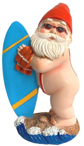 Nain de jardin amusant avec planche de surf – Nain de jardin pour l'extérieur, décoration de jardin amusante pour l'extérieur, figurine en résine faite à la main pour balcon, terrasse et pelouse (15
