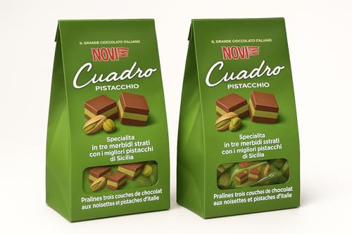 Cuadro Pistacchio Praline al Cioccolato con Pistacchi di Sicilia, Praline Italiane in 3 Strati, Cioccolato al Latte e Crema al Pistacchio, Confezione da 2 x 150g