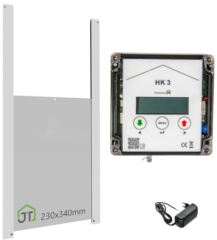 JOSTechnik Hühnerklappe HK3, echte Nothalt- bzw. Notöffnungsfunktion, Anlocklicht-Steuerung, Klappe 230x340 mm