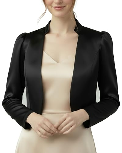 BlackButterfly Chaqueta Torera Mujer Raso Manga Fruncida | Hombro Abullonado, Cuello Mao, Delantero Abierto, Sin Cierres, Forro Completo, Tallas XS-5XL, Bodas y Ceremonias