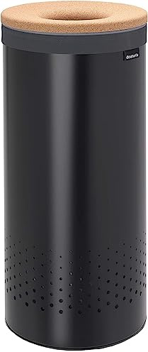 Brabantia - Wäschekorb - Quick-Drop-Öffnung - Perfekt sitzenden Baumwollwäschesack - Korrosionsfrei - Mit Belüftungslöcher - Korkdeckel - Wäschesammler - Matt Black - 35 L
