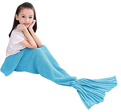 Lazeny Meerjungfrau Decke Kinder Kuscheldecke Strickdecke Häkeln Handbuch Decke Wolldecke Tagesdecke Klimaanlage Decke Meerjungfrau Schwanz Blanket Schlafsack für Mädchen Geschenk,140x70cm-Blau