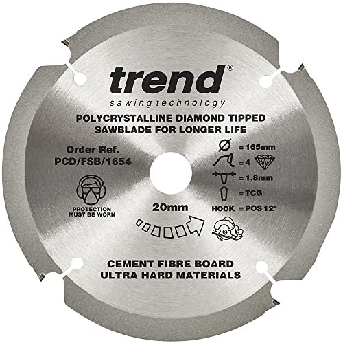 Trend PCD Fibre Cement Circular Saw Blade, 165mm Diameter, 20mm Bore, 4 Teeth, 1.8mm Kerf, +12° Hook, PCD, Coarse Finish, PCD/FSB/1654