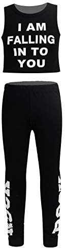 Yeahdor Mädchen Sportwear Tank Top mit Hose Leggings Sportanzug Tanzkleidung Kinder Hip Hop Jazz Outfit Tanzanzug Zweiteiler Gr.104-152 Schwarz 104-110/4-5 Jahre