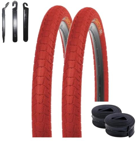 2 x Kenda Krackpot K-907 BMX Fahrradreifen 20 x 1,95 (50-406) Rot + 2 x passende Schläuche DV inkl. Reifenheber