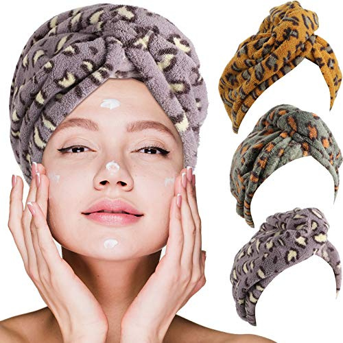 3 Asciugamano per Capelli in Microfibra Leopardato Cuffia per Capelli Asciugatura Rapida Asciugamano per Capelli Ricci Anti-Crespo Turbante Capelli da Bagno in Microfibra (Multi-colori)