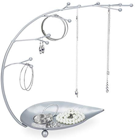 Relaxdays Schmuckständer mit Ablage, Schmuckbaum Ketten, Ohrringe, Armbänder, 12 Zweige, Metall Kettenständer, silber