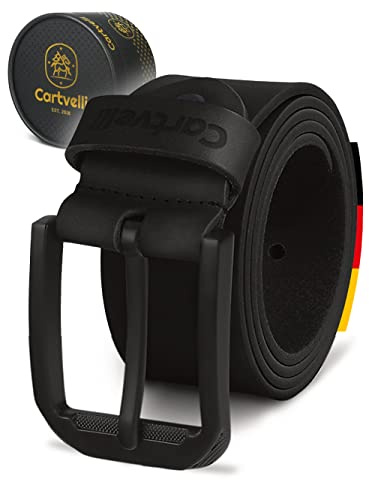 Cartvelli Echt Ledergürtel Herren Schwarz 40mm Made in Germany - Geschenkbox - Herrengürtel Schnalle Matt-Schwarz