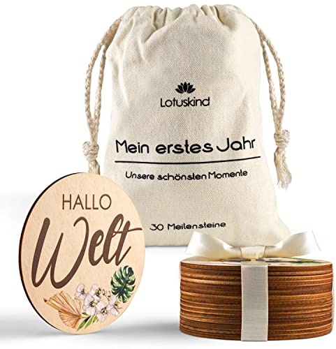 Lotuskind® Meilensteinkarten Baby Holz für Mädchen & Junge (⌀ 10 cm x 3mm) niedliche Baby Meilensteinkarten aus 100% echtem Lindenholz - Meilensteine Geschenk für Babyparty & Schwangerschaft