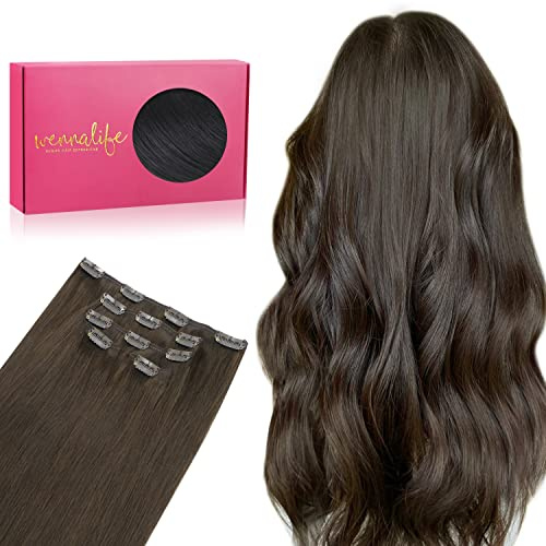 WENNALIFE Extension con clip in capelli veri, 75 g, 5 pezzi, 35 cm, colore marrone scuro chiaro