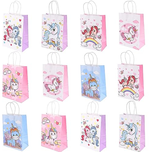 Papperspåsar barn, 12 stycken enhörning partypåsar, kalaspåsar papper, godispåsar, färgglada presentpåsar, papperspåse liten med klistermärken, presentförpackning papperspåsar, godispåsar