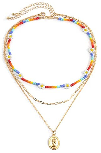 Skcess Brautschmuck Halskette, Boho Muschelkette Metalllegierung Kleine Mehrschichtige Gänseblümchenkette Geburtstagsgeschenk Frauen Halskette