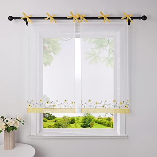 HeichkelL Bestickte Voile Scheibengardinen mit Schleifen Kurzgardinen 1 Teilig Bistrogardine mit Schlaufen Landhaus Kurzstores Gelb BxH 80x120 cm