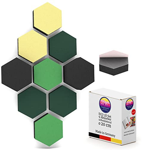 PolySound® Jungle Jive Eco Acoustic Panels Self-Adhesive Extra Sound Insulation with 0.9 Removable with Special Adhesive 9 x 3D Acoustic Foam 3-10 cm