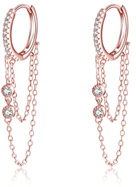 Reffeer Massive 925 Sterling Silber Kette Tropfen Ohrringe Creolen für Frauen Teenager CZ Creolen Kette Ohrringe Baumeln