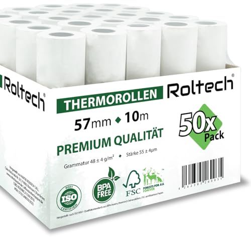 ROLTECH | 50 Thermorollen | 57mm x 10m x 12mm | BPA frei | EC Cash | Kassenrollen | Thermopapier | Bonrollen | Premium Qualität (50 Rollen)