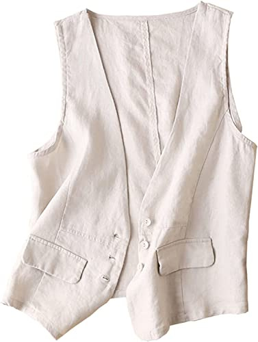 Las Mujeres de algodón de Lino botón Undershirt Casual Suelta V-Cuello sin Mangas Chaleco Undershirt Chaqueta de Corte de diseño sin Mangas Chaleco de Lino de algodón (Albaricoque,XL)