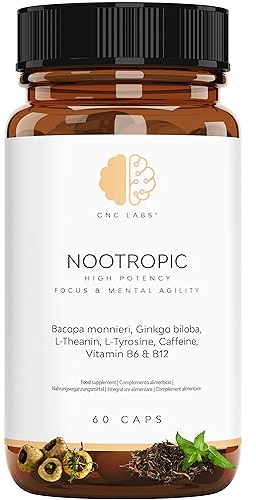 Nootropico – Integratore Memoria e Concentrazione con Bacopa Monnieri, Ginkgo Biloba, Tirosina, Teanina, Caffeina, Vitamine B6 e B12 – Integratore Studio Memoria e Focus Naturale – 60 Capsule