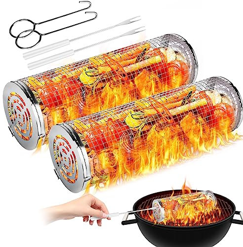 Flintronic Cestelli per Barbecue, 2PC Cestino per Barbecue, Cestini per Grigliare, Griglia per Barbecue in Acciaio Inossidabile, Cilindrici per Grigliare Portatile per Verdure, Patatine Fritte, Pesce