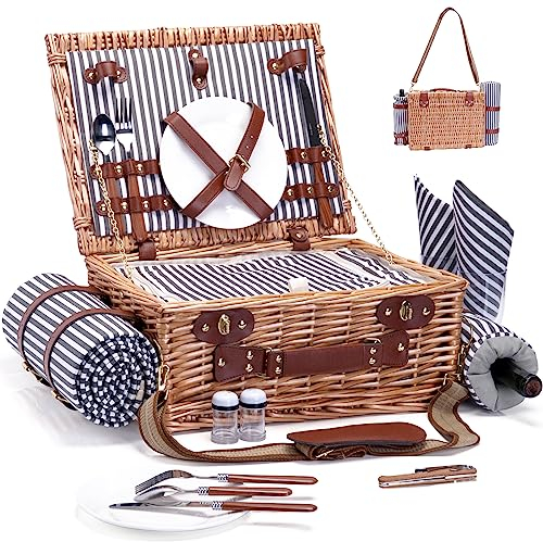Picknickkorb mit Decke und Weintasche für 2 Weiden-Picknick-Set mit isoliertem Innenfutter, Kühltasche, Korb für Camping, Hochzeit, gestreift