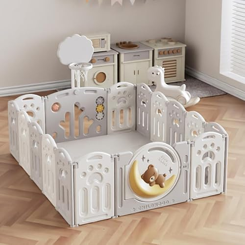 Ubaby Parque de Juegos para Bebé, con Puerta LED y Canasta + 20 Bolas -180x150 cm- Corralito Infantil Plegable de Plástico Seguro para Gateo, uso interno y externo (oso luna)