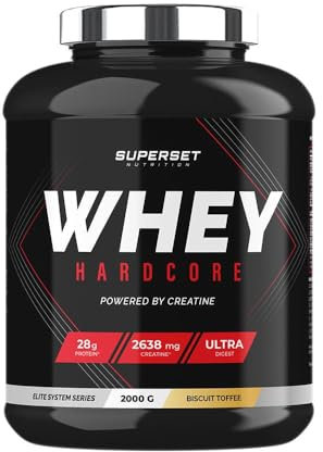 Superset Nutrition - Whey Hardcore (2kg) - Combo explosif de Whey, Créatine et Taurine Zinc et Vitamine D3 - Plus d'intensité dans les entraînements, Digestion optimisée - Toffee Biscuit