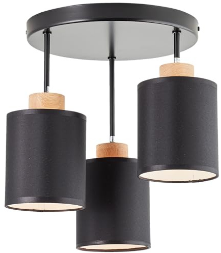 3 flammiges Deckenrondell - skandinavische Rondell Deckenleuchte mit schwarzen Stoff Schirmen - 40 cm Höhe x Ø 30 cm - E27 Fassung - aus Metall/Textil/Holz von der Stieleiche - in Schwarz/Braun