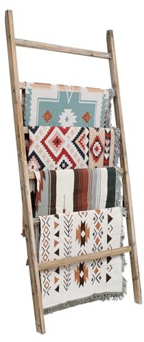 FUIN Extra Wide 6.4ft Wooden Blanket Ladder Living Room Decorative Wal Leaning Farmhouse Quilt Display Holder Rustic Wood Towel Rack for Bathroom, Burnt Brown, 38 inch Wide