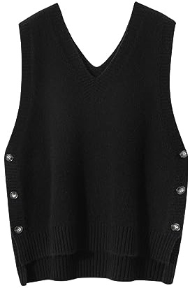 Valin Damen Kaschmir Seitenknopf V-Ausschnitt Pullunder,Schwarz,40