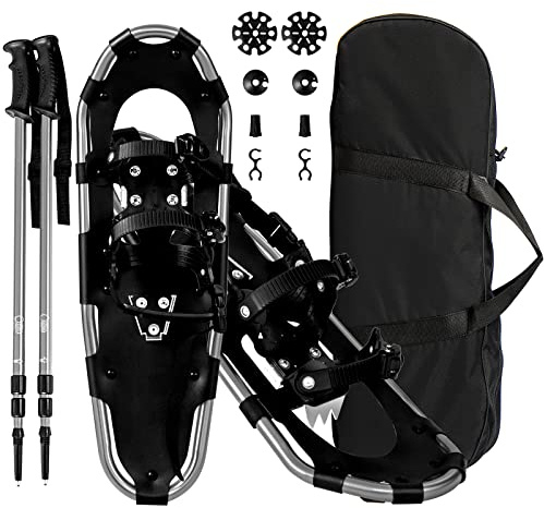 GOPLUS 53/63/76 cm snöskor av aluminiumlegering, 3-i-1 snöskoset med bärväska och justerbara vandringspinnar, bergutrustning, vandring för snöskor, bergsturer, trekking (76 cm, silver)