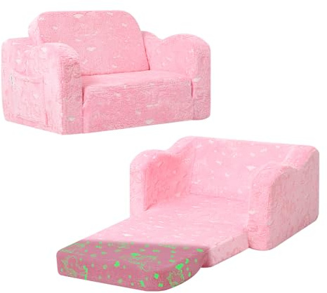 MeMoreCool Kindercouch, Faltbarer Kleinkind-Sessel, Stuhl, Sofa, weicher Plüsch, ausklappbar, Kinder-Sofa, Bett, leuchtet im Dunkeln, Bequeme Baby-Liege für Mädchen und Jungen, leuchtendes Einhorn