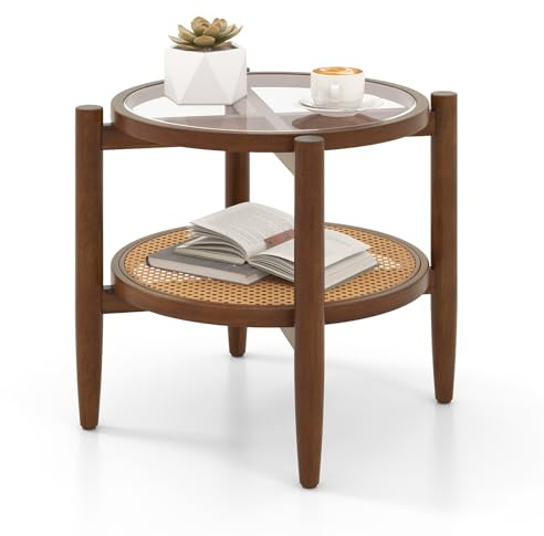COSTWAY Beistelltisch, Couchtisch rund mit gehärteter Glasplatte, Nachttisch mit Rattan Ablage & Holzbeinen, Sofatisch 56 x 56 x 46 cm