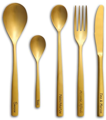 Messer Gabel Löffel mit Gravur Wunschtext gold personalisiert einzeln oder im Set Besteck dein Name Text Geschenkidee graviert Tafelbesteck (unteschiedliche Sets - siehe Anpassung)