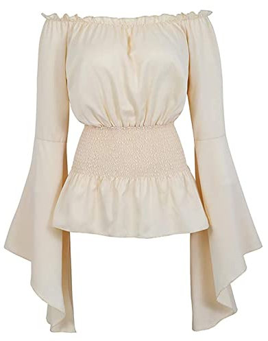 pvucpot Damen Gothic Bluse Langarm Schulterfrei Tops mit Rüschen Mittelalter Boho Tops Oberteile Tunika