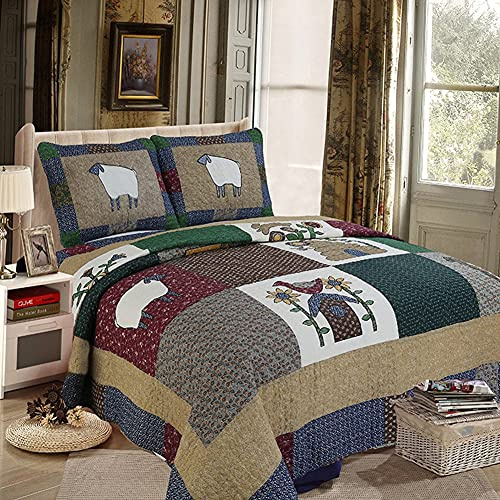 Steppdecke, Tagesdecke, 240 x 260 cm, leichte Baumwolle, Retro-Patchwork-Steppdecken mit Karomuster, Tagesdecke mit 2 Kissenbezügen