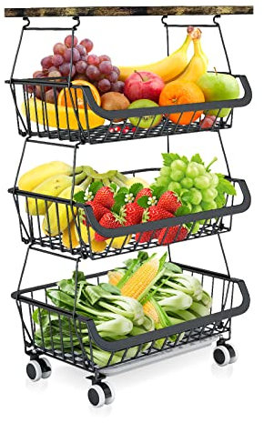 HUOLE Carrello Portafrutta,Cestello in filo metallico con ruote, contenitore impilabile per cucina, ripiano per ripiano per frutta e verdura a 3 strati -40 * 30 * 72 cm (nero)