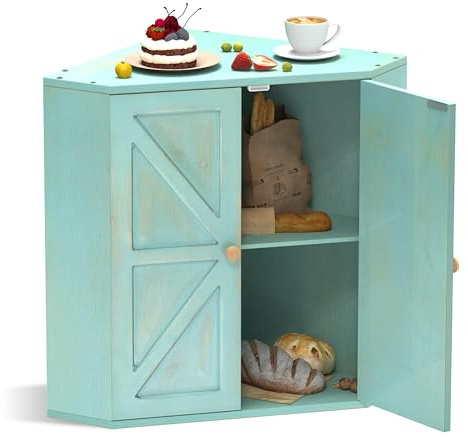 Trironsun Corner Bread Box for Kitchen Counter Double Layer Bamboo Bread Storage Container Large Capacity Bread Storage Bin Farmhouse Breadbox Organizer (Antique Blue)