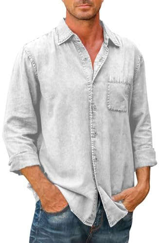 PADOLA Hemd Herren Langarm Regular Fit Vintage Arbeitshemd Cowboy-Stil Freizeithemden Used-Effekt Oberhemden Kentkragen Westernhemd mit Brusttasche Overshirt Langarmshirt (2 Hellgrau, 3XL)