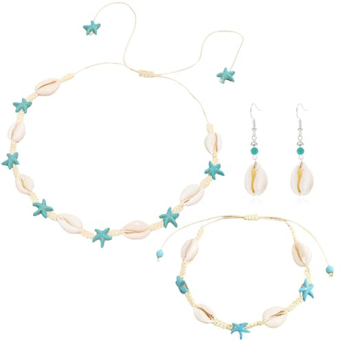 Hifot 3 Piezas Boho Collares de Conchas Blancas para Mujer Pendientes Pulsera Conchas Estrella de Mar Playa Gargantillas Collar Mujer Verano Ajustables Tobilleras Abalorios Pulseras Niñas