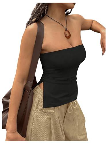 GORGLITTER Damen Tube Top Trägerloses Crop Top Schulterfrei Sommer Tops Röhrentop Bandeau-Top Basic Schlauchtop mit Schlitz Schwarz S