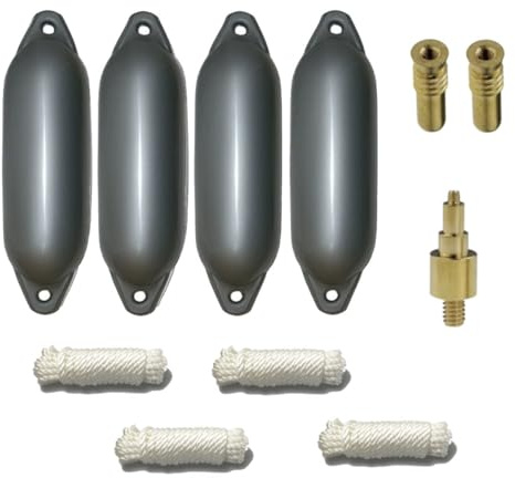 12skipper Lot de 4 pare-bateaux avec 4 Majoni Star 15 Fender, y compris 4 cordes de fender, 2 valves de rechange, 1 adaptateur de valve - Argent, 45 x 12 cm