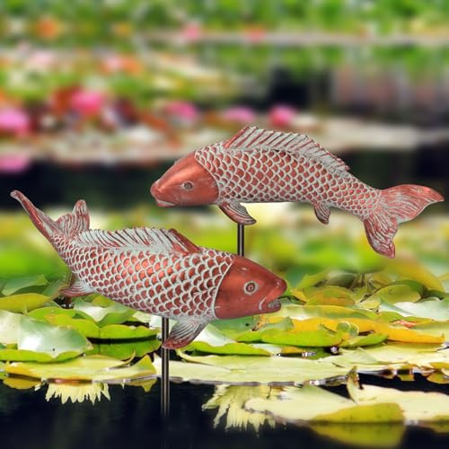 Wosuine Outdoor Statues Garden Koi Fish Decor, 2pcs Antique Copper Koi Fish Sculpture for Pond Lawn Patio Porch Yard Decor Home House Ornaments, Birthday Gardening Gifts for Grandma Women