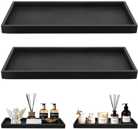 Jiayaus Bandeja de baño de 2 unidades, decoración para baño, bandeja grande negra, bandeja decorativa negra plegable para cosméticos, joyas, velas, baño, vanidad, dormitorio y cocina