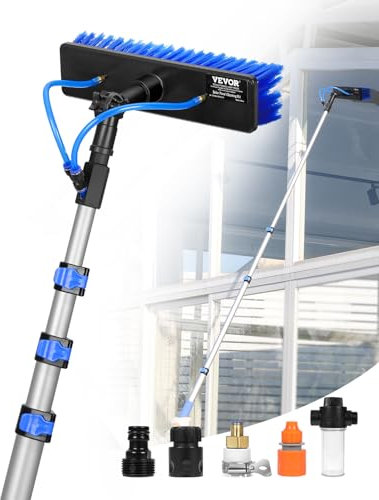 VEVOR Kit Palo Alimentato ad Acqua, Palo per Pulizia dei Pannelli Solari 3,6 m con Manico Estensibile, Testina della Spazzola Girevole a 180° Tubo Flessibile 20 m, per Ponte Pannello Solare Roulotte