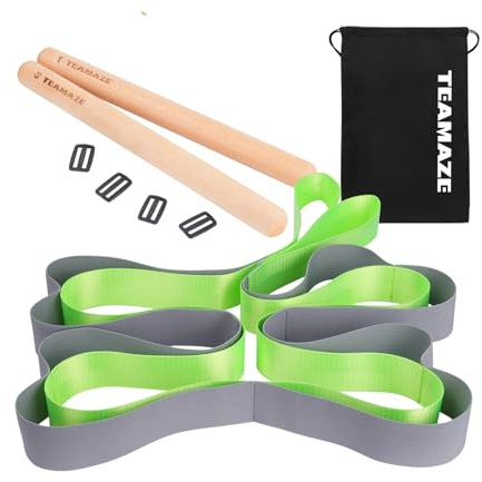 Boosteady Stretching Strap with 8 Loops & 2 Massage Sticks – Foot&Calf Stretcher for Plantar Fasciitis,Hamstring & Heel Spurs,Flexibility Training&Muscle Relaxation-Green