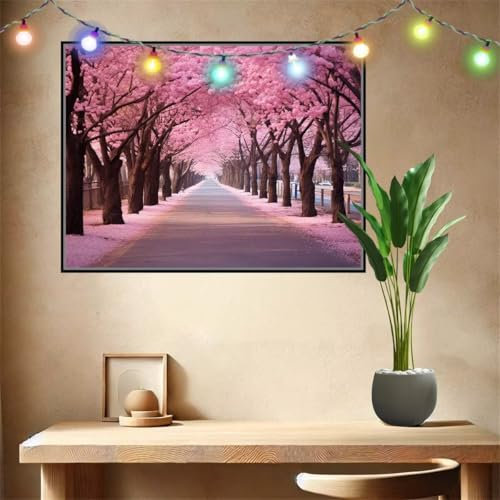 Kirschbaum, Straße Malen nach Zahlen für Erwachsene Anfänger,DIY Paint by Numbers Acrylpigment Ölgemälde Kunsthandwerk Kit,Bastelset Malen Nach Zahlen Kinder für Geschenk Home Wand Décor (30x40cm)