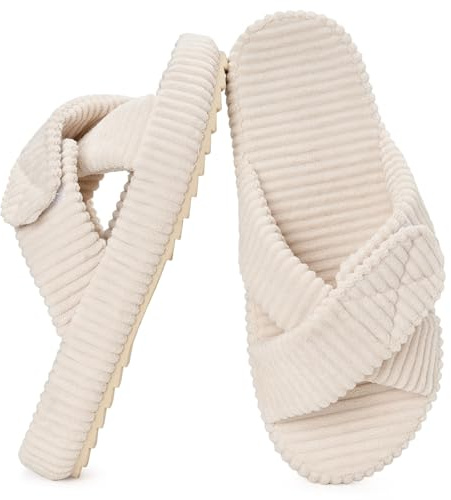 Mujer Zapatillas Cómoda Espuma de Memoria Pana Banda Cruzada Antideslizante Pantuflas Casa,Beige,39/40 EU,Etiqueta 40-41