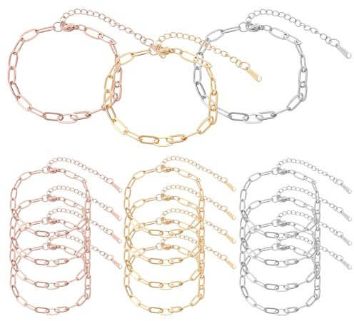 15 Pcs Necklace Chains for Jewellery Making 18K Gold Plated Chain Paperclip Chains 6.3Inch Chain Link Bracelet with Lobster Clasps Adjustable Charm Bracelets Bulk for Men Women DIY Necklace Jewelry